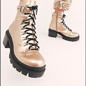 Free People Jeffrey Campbell “Check” Lace-Up Boots, Rose Gold, US 8/ EU 39